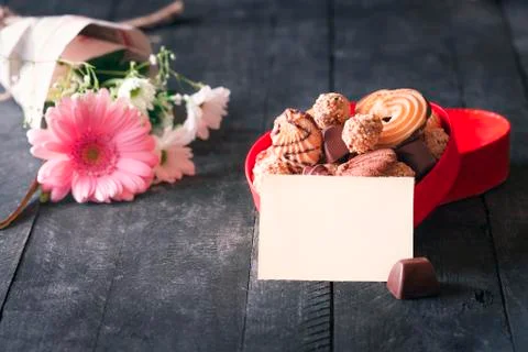 Box of sweets and message card Stock Photos