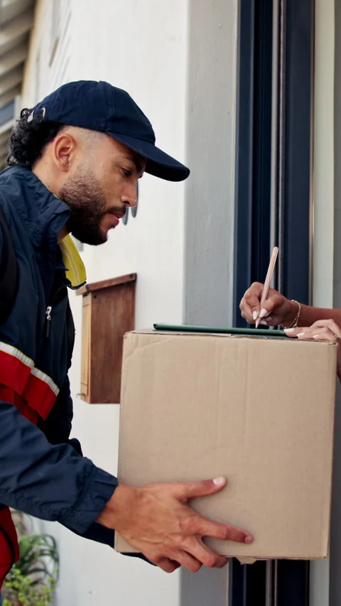 Box, tablet and delivery man with customer signature for order, package or home Stock Footage 335279821