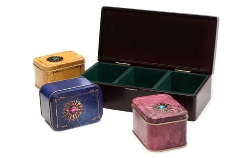 Box with tea, iron packing variant three Stock Photos