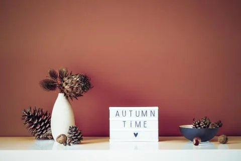 Box with text FALL TIME, dried flowers, thorns in light vase, pine cones and Stock Photos
