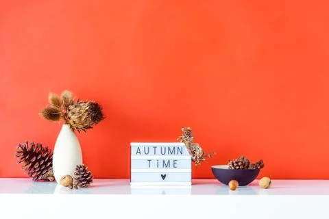 Box with text FALL TIME, dried flowers, thorns in light vase, pine cones and Foto stock