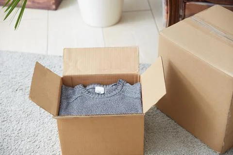 A box of things on the carpet in the room. The concept of moving or delivering. Stock Photos