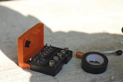 A box with tools, a box with a screwdriver and bits Stock Photos