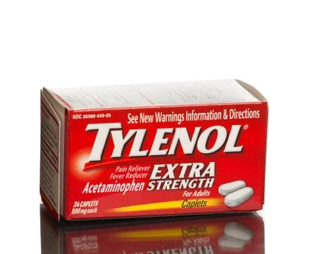 Box of Tylenol caplets extra strength pain reliever, fever reducer Stock Photos