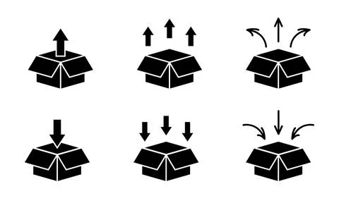 Box unpacking icon set. Take out or in from the box symbol. Open package ve.. Stock Illustration