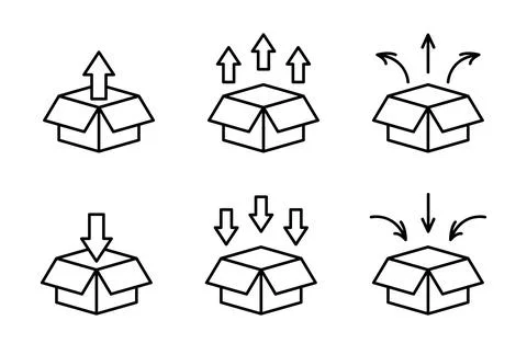 Box unpacking icon set. Take out or in from the box symbol. Open package ve.. 스톡 일러스트