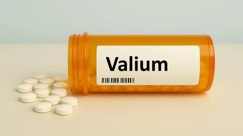 Box of Valium tranquilizer tablets placed on a clinical pharmacy table Stock-Fotos