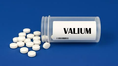 Box of Valium tranquilizer tablets placed on a clinical pharmacy table Stock Photos