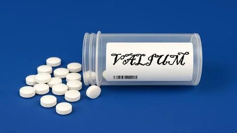 Box of Valium tranquilizer tablets placed on a clinical pharmacy table Stock Photos