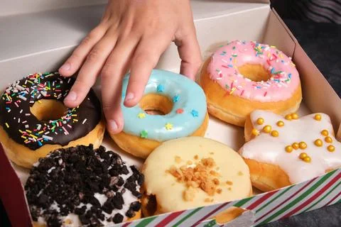Box with a variety of donuts Stock-Fotos