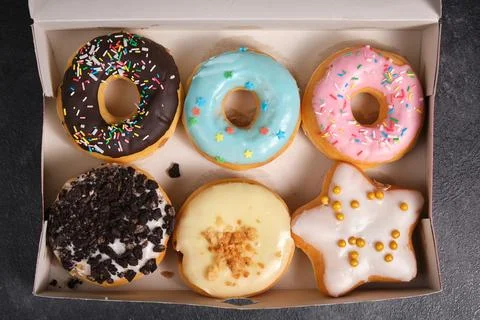 Box with a variety of donuts 스톡 사진