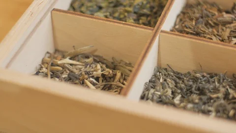 Box with a variety of teas Stock Footage 104336253