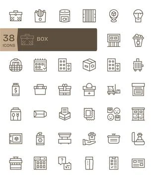 Box Vector Icon Collection with 42 128x128 Regular Line Designs Stock Illustration