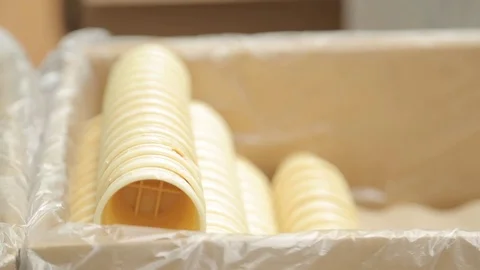 Box with wafer cups, ice cream production Stock Footage 74505276