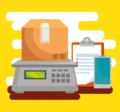 Box in the weighing machine with check list and smartphone Stock Illustration