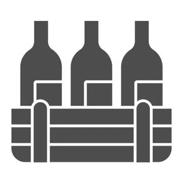 Box of wine bottles solid icon. Three alcohol drink bottle in wooden crate glyph イラスト素材