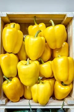Box with yellow bell pepper. view from above. concept market, gastronomy Fotos Stock