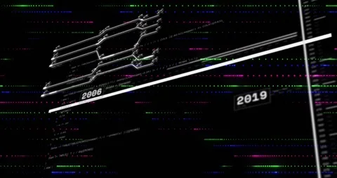 Boxed year 2008 appearing, node graph expanding and diagonal bar sweeping, 스톡 동영상 321550216