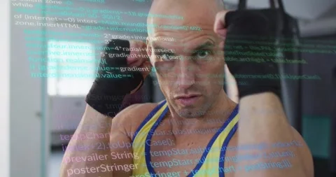 Boxer adjusting wrist wraps moving into high guard in gym training with code Stock Footage 323385572