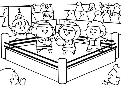 Boxer are fighting on stage doodle art style Stock Illustration