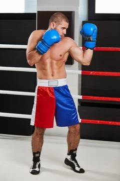 Boxer in blue gloves warming up in the ring Stock Photos