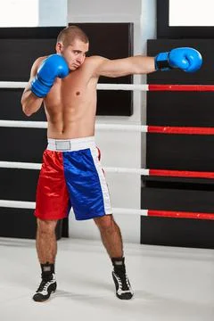 Boxer in blue gloves warming up in the ring Stock Photos
