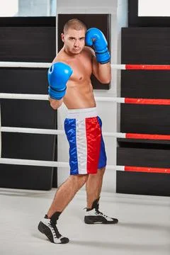 Boxer in blue gloves warming up in the ring Stock Photos