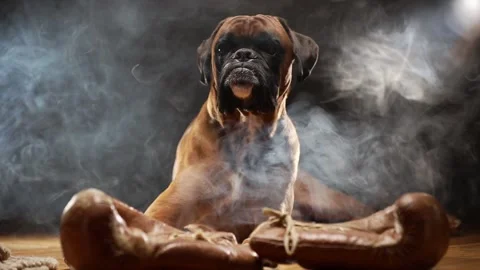 Boxer dog lying down on the floor and playing with brown vintage boxing gloves. Video stock 166648321