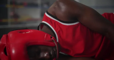 Boxer, man and knockout on floor in fight with injury, unconscious and Stock Footage 286810254