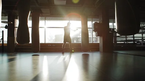 Boxer practicing punches in slow mo in sunlight Video stock 108225346