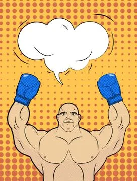 Boxer-style pop art with a bubble over his head. Strong man raised up his han Illustration