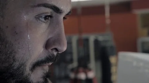 Boxer sweating after training extreme closeup slow motion Stock Footage 81448183