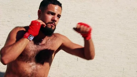 Boxer in training (close up), in the training course - actor arabic / latino Video stock 93357094