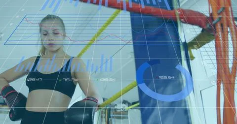 Boxer training in gym with digital data overlay, focusing on performance metrics Stock Illustration