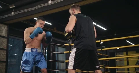 Boxer training punches boxing club 4k video. Fighter blows trainer punch mitts Stock Footage 70404553