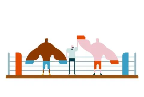 Boxer is winner referee held up his hand to champion in ring. Competitions .. Stock Illustration