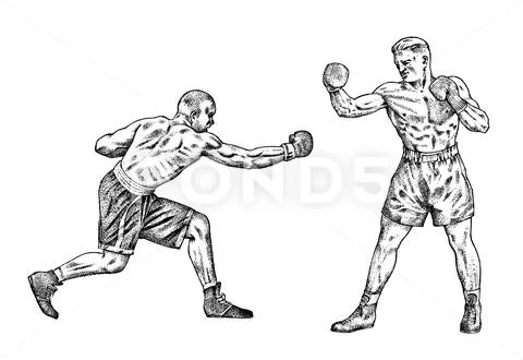 Boxers are training. Sport strong men fight. Vintage monochrome illustration Stock Illustration
