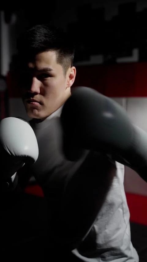 Boxer's Determined Gaze in Dramatic Lighting Stock Footage 261305397
