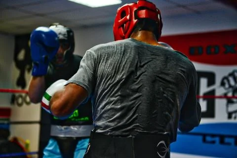 Boxers fighting during a sparring session Stock Photos