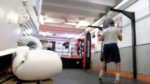 Boxers practicing punch strikes in the training hall Stock Footage 78531550
