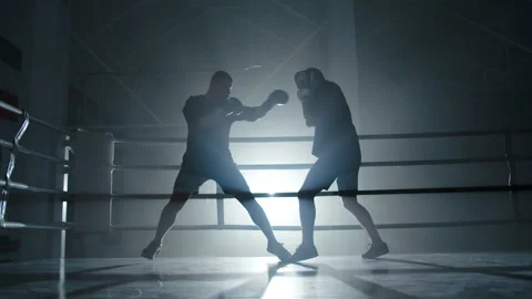 Boxers sparring in dark gym with blue backlight Stock Footage 308485553