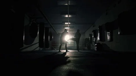 Boxers training in the ring silhouette Stock Footage