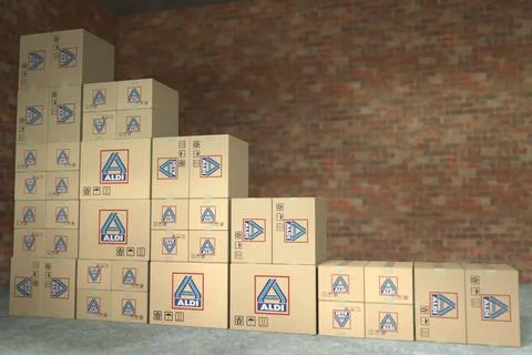 Boxes with ALDI logo make up a declining bar chart. Editorial crisis related 3D Stock-Illustration