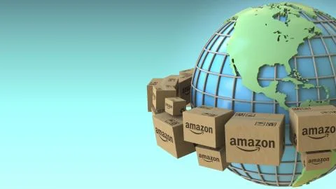 Boxes with AMAZON logo around the world, America emphasized. Conceptual Stock Illustration