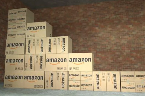 Boxes with AMAZON logo make up a declining bar chart. Editorial crisis related Stock Illustration