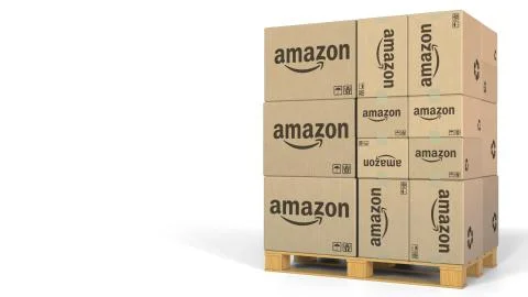Boxes with Amazon logo on pallet. Editorial 3D rendering Stock Illustration