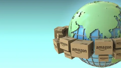 Boxes with AMAZON logo rotate around the world, Asia emphasized. Conceptual Stock Illustration