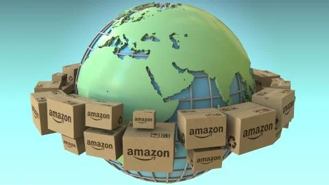 Boxes with AMAZON logo rotate around the world, Africa and Europe emphasized Stock Illustration