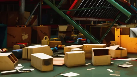 Boxes and clutter inside a warehouse with scattered items on the floor Stock-Footage 342806774