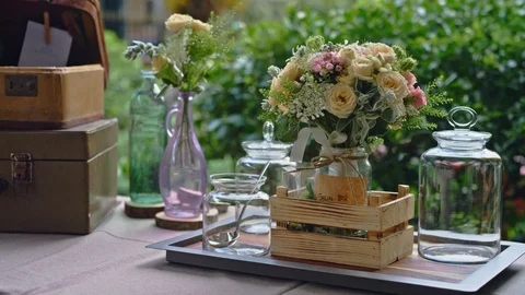 Boxes and flowers as wedding decorations.  Video stock 90975756